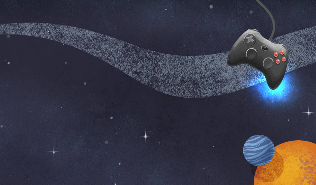 A cartoon video game controller floating through space